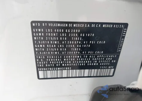 2025 Volkswagen Taos 1.5T S z USA, uszkodzony, nr VIN 3VV8C7B22SM031852